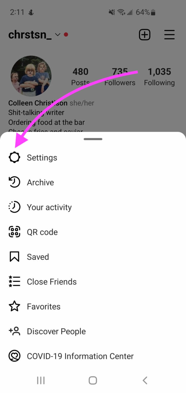 Finding the settings menu on Instagram