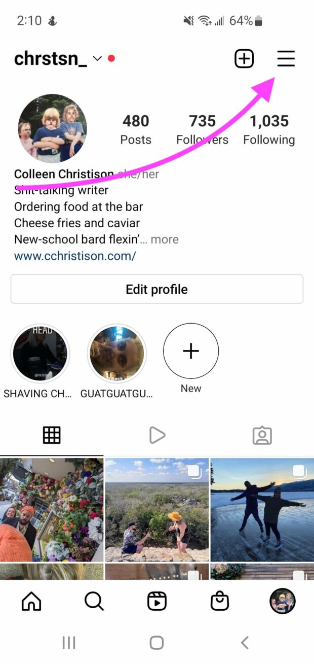 the hamburger menu at the top right of an instagram profile