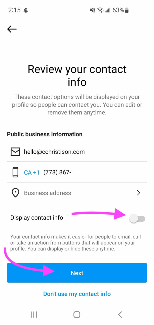 choose whether or not to display contact info on Instagram profile