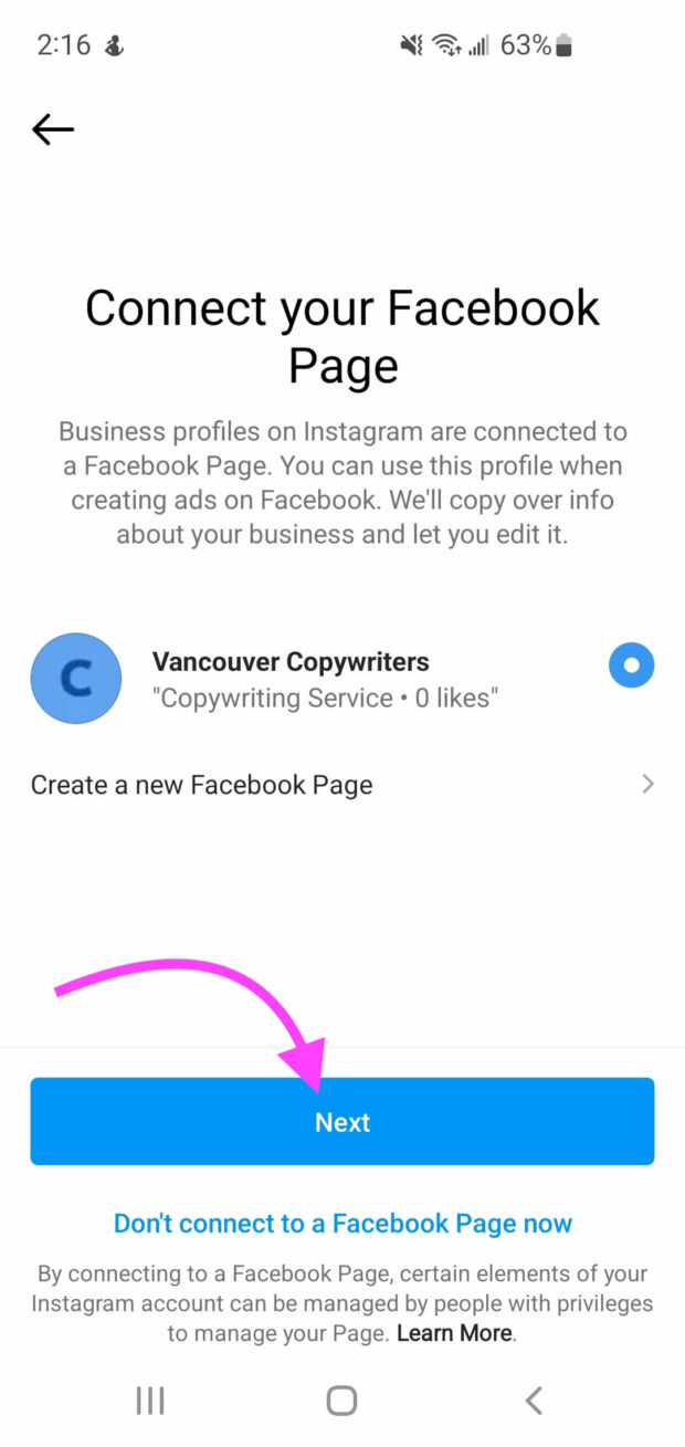 choose whether or not to connect a facebook page to your instagram profile