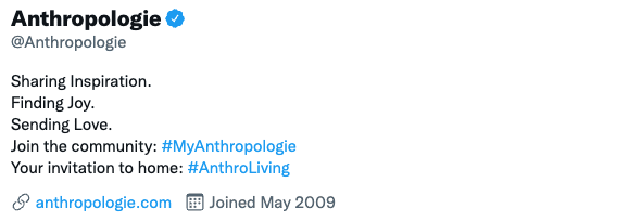 Anthropologie sharing inspiration sending job finding love [twitter bio example]