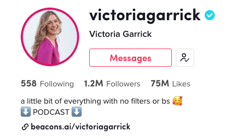 Victoria Garrick a little bit of everything with no filter or BS [social media bio example for tiktok]