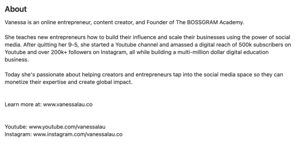 Vanessa Lau online entrepreneur about section [social media bio example]