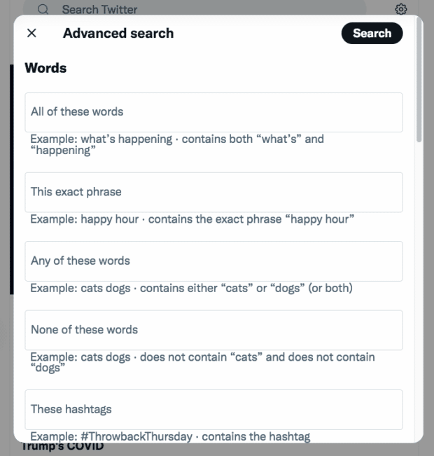 Twitter’s advanced search page