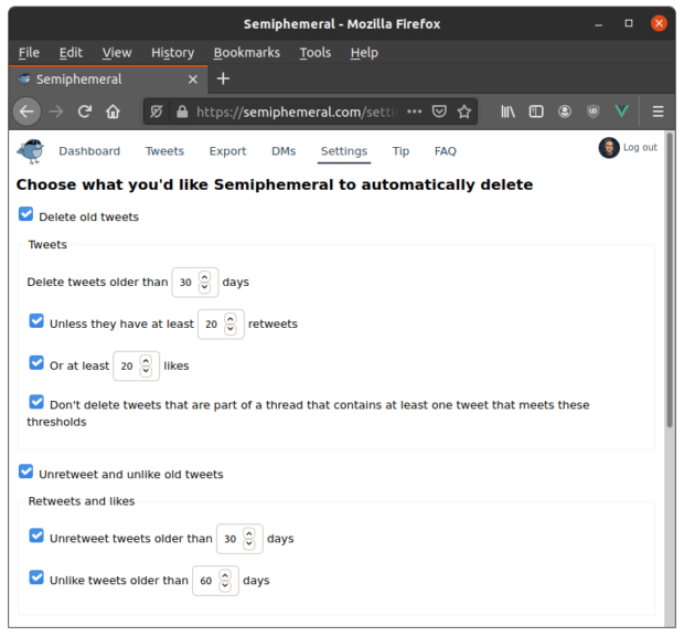 Semiphemeral ongoing twitter deletion tasks setup