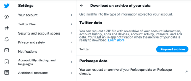 Request archive under Twitter data