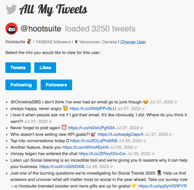 all my tweets Hootsuite loaded 3250 tweets