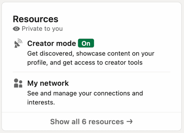 LinkedIn resources creator mode