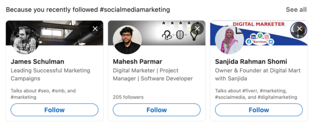 My Network page recommended people related to hashtag social media marketing