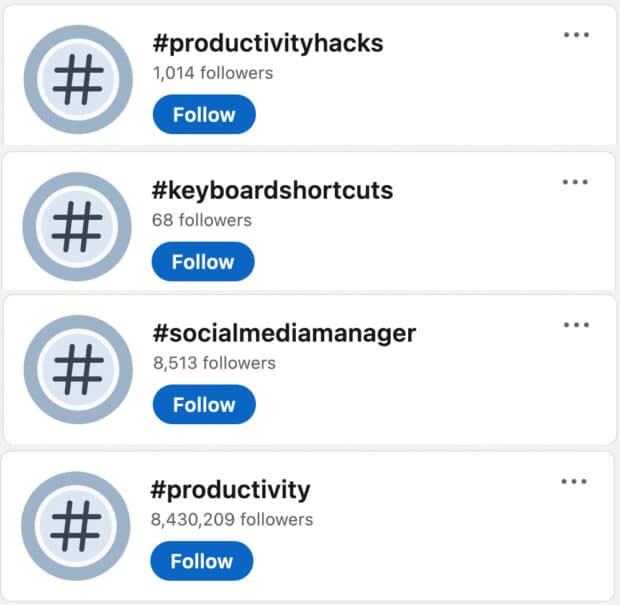 #productivityhacks et hashtags associés sur LinkedIn