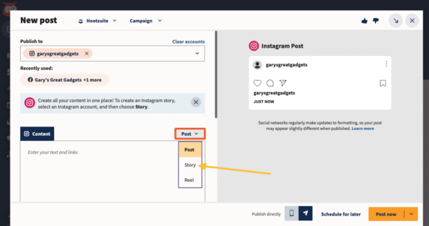 In the Hootsuite Composer view, select your Instagram account and then select the dropdown Story option above the text field