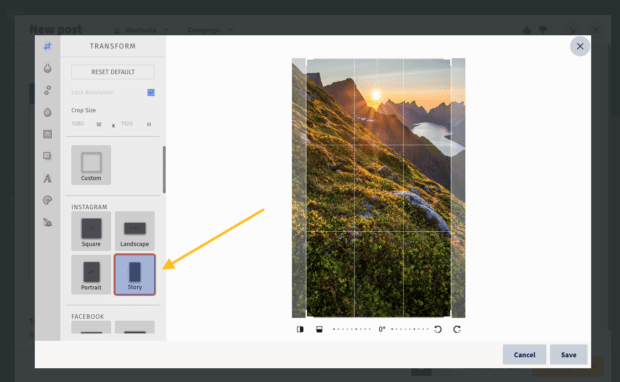 In the Hootsuite image editor, select Story under Instagram in the Transform menu to adjust the image's dimensions