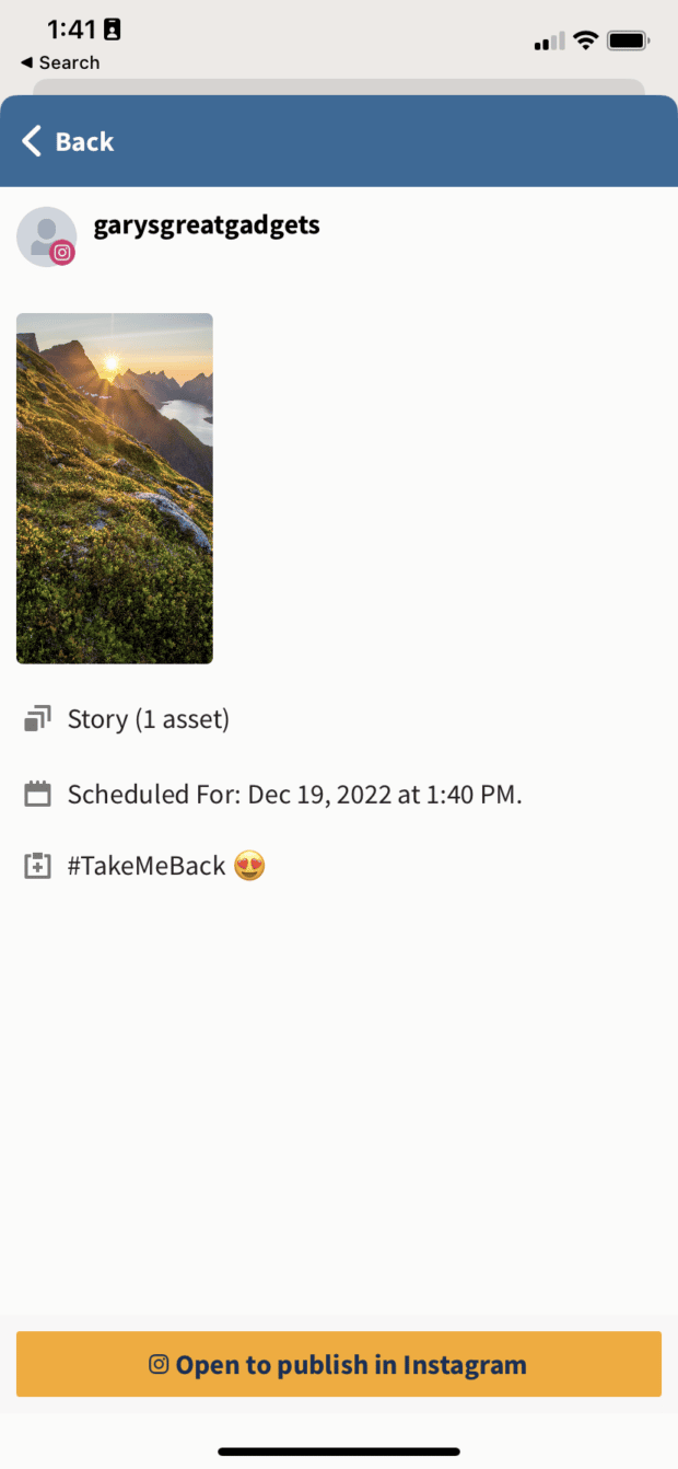The Hootsuite app shows a post preview of your scheduled Instagram story