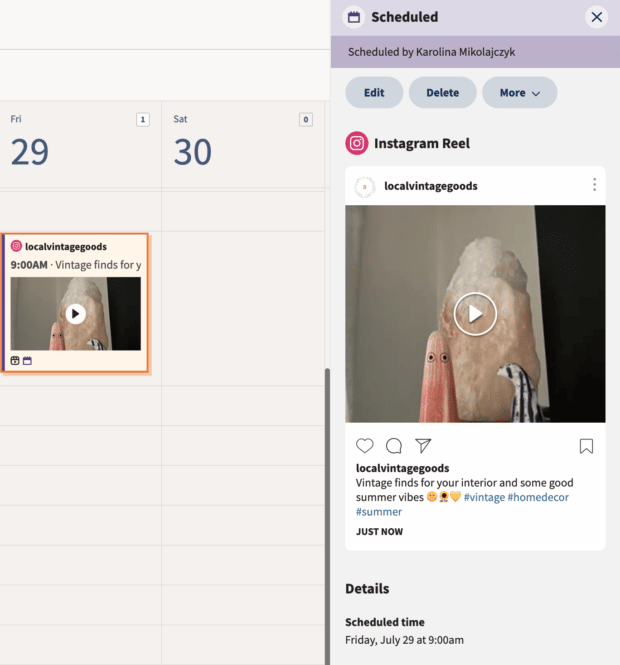 revisione finale di un reel Instagram programmato con il planner di Hootsuite