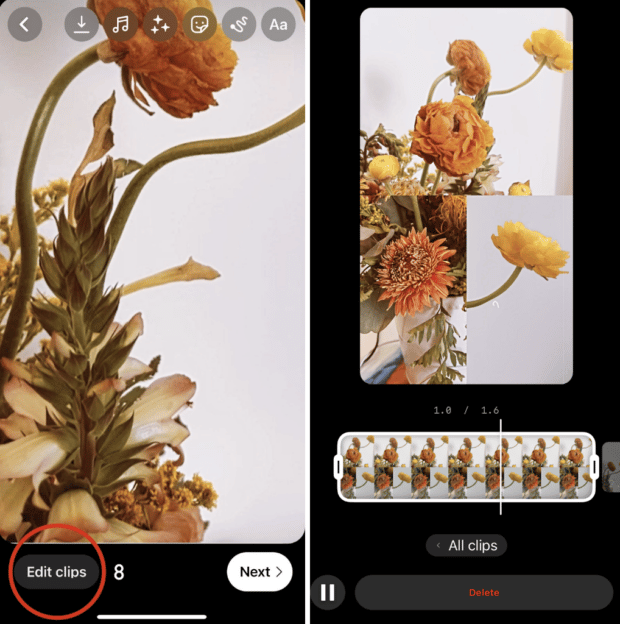 Editing clips when creating an Instagram Reel