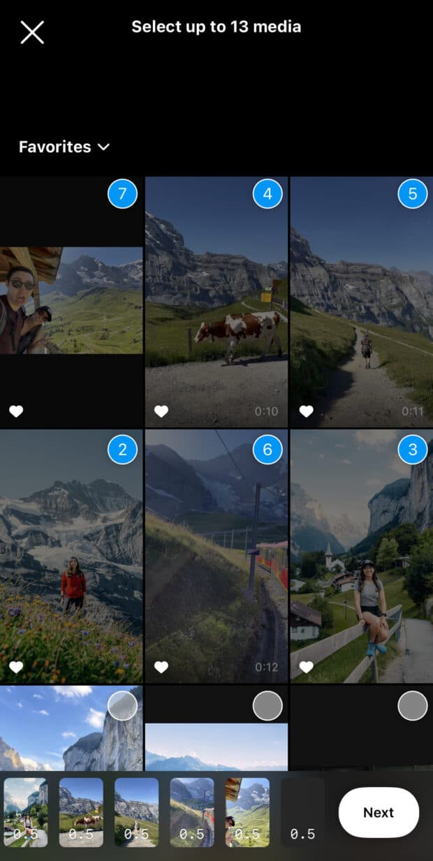 Select photos or clips in the order in which they appear in the roll