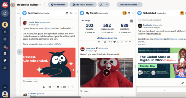 Tablero de Hootsuite donde puedes monitorear tus menciones en Twitter y mucho más