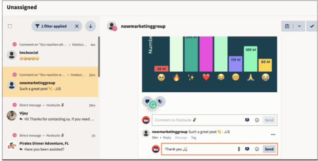 Ventana para administrar los mensajes de tus distintos perfiles de redes sociales en Hootsuite