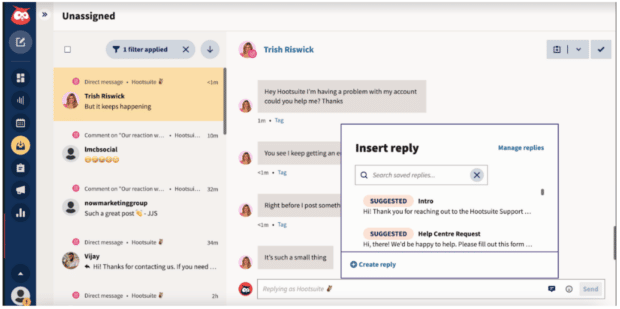 casella di posta di Hootsuite: messaggi diretti e commenti assegnati con risposta istantanea