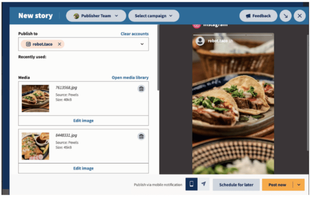 storia su Instagram di Robot Taco gestita attraverso Hootsuite Planner