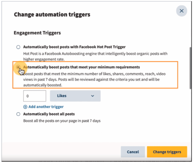 Ventana para configurar triggers de automatización en Hootsuite