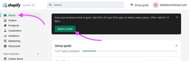 Shopify Home select a plan