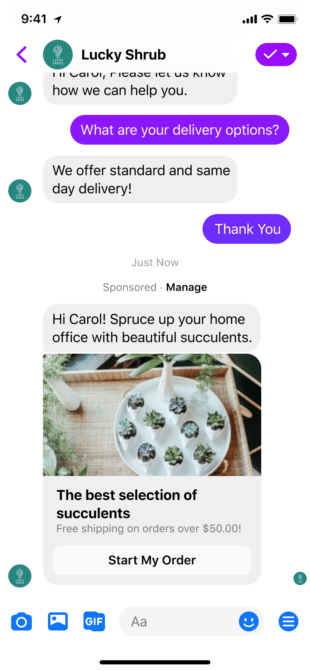 example of a Messenger add from Dii using Meta for Business