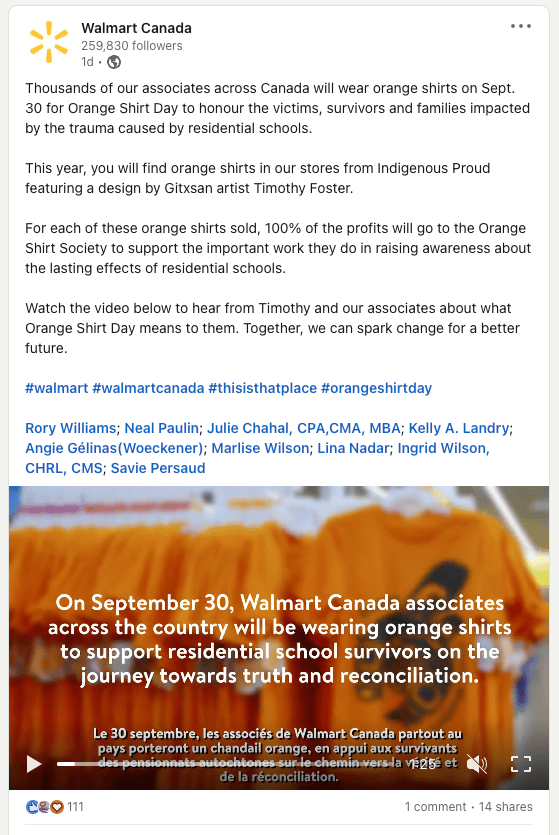 screenshot of a post about Orange Shirt Day from Walmart Canada