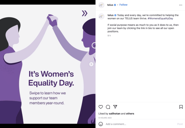 telus instagram post asking users to check out their open postions