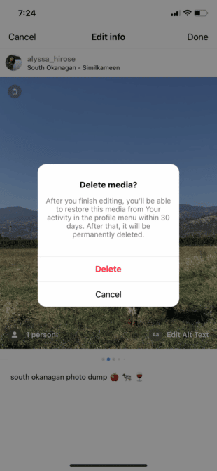 Confirm that you want to delete a photo on Instagram