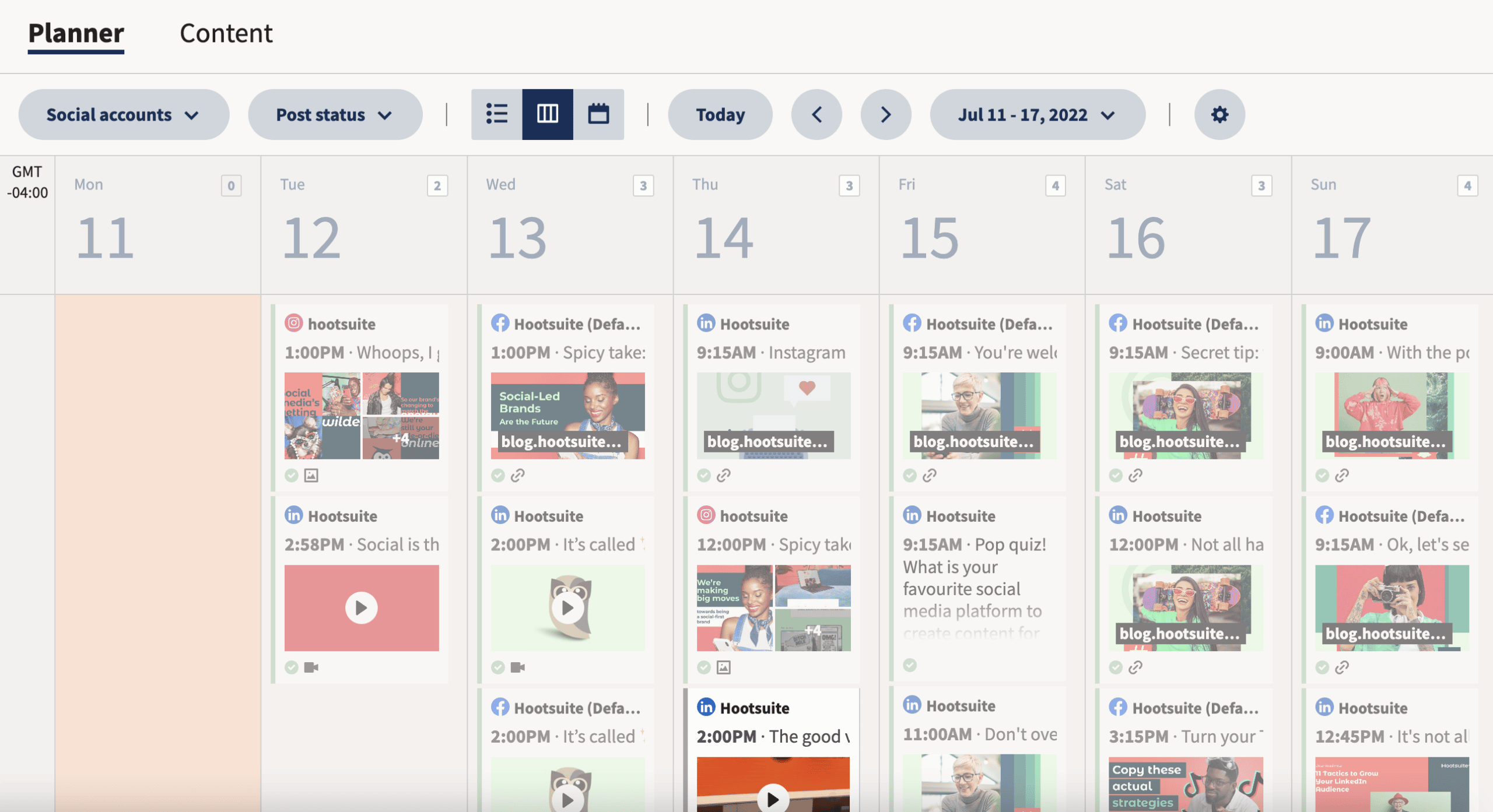 Hootsuite Planner scheduled social posts