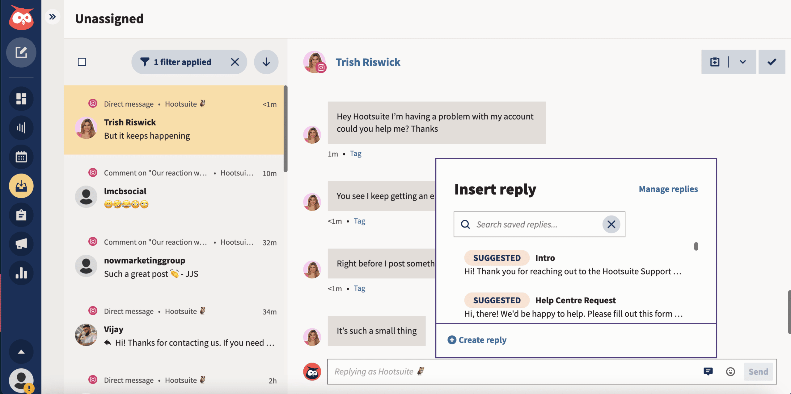 Hootsuite inbox saved messages