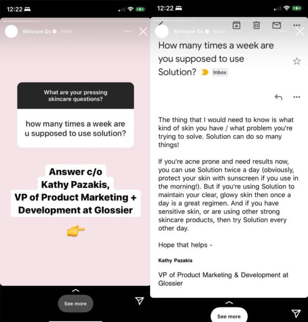 Glossier how many times a week to use solution with input from VP of Product Marketing and Development