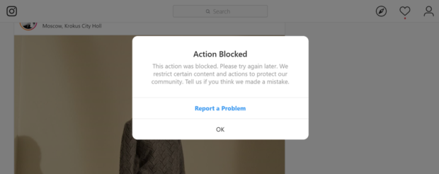 "Action blocked" popup in Instagram app