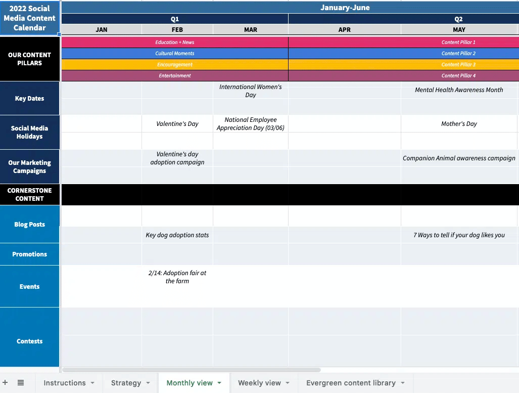 social media content calendar example