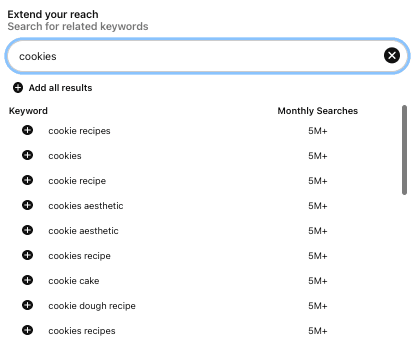 pinterest research showing keywords and search volume