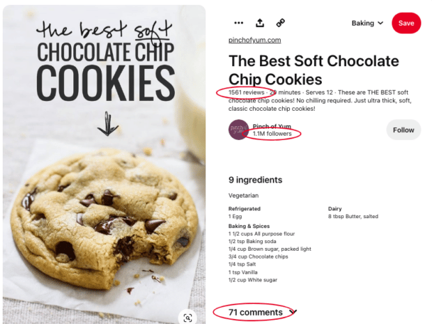 individual pin for chocolate chip cookie with SEO attributes highlighted