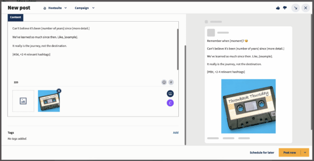 Plantilla de Hootsuite abierta como borrador en el Composer.