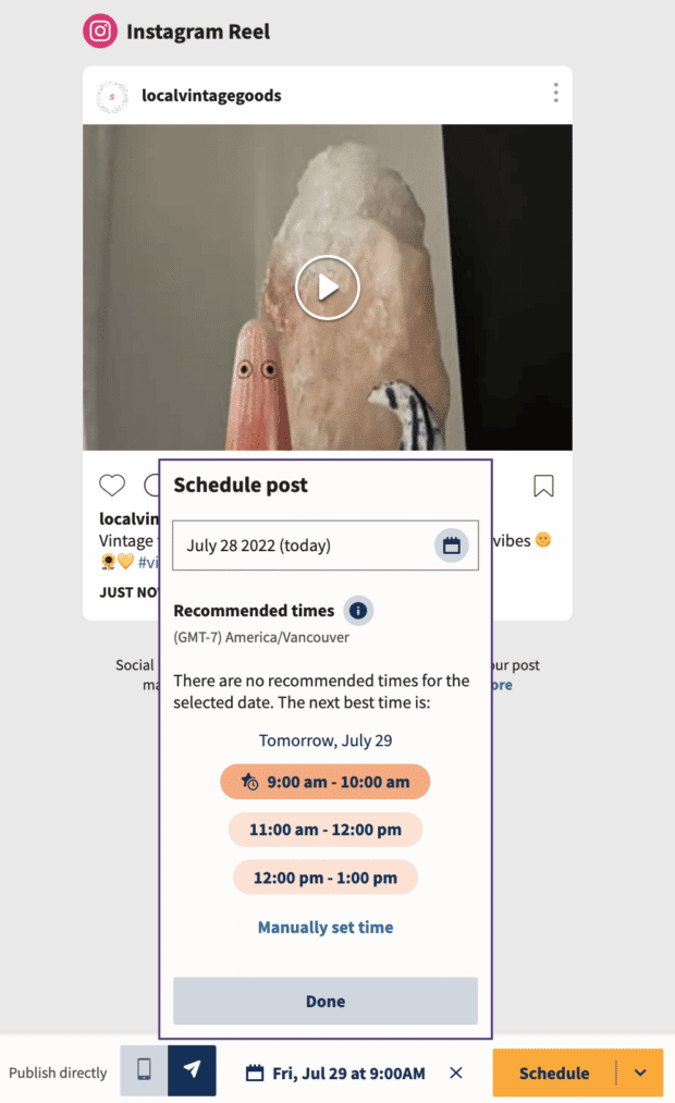 Scheduling a Reel using Recommended Times in Hootsuite Composer