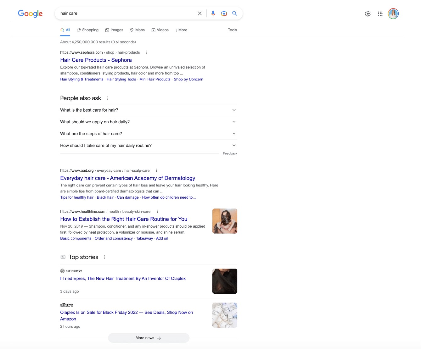 kết quả "chăm sóc tóc" trong google SERP