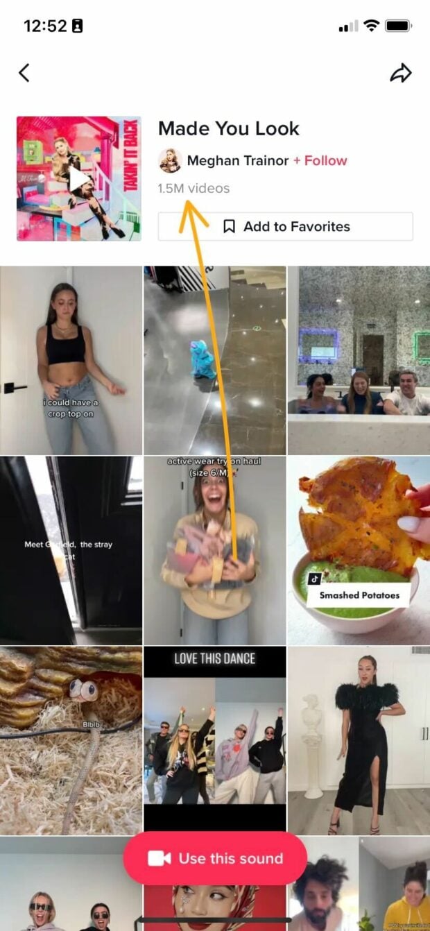 A TikTok sound's landing page with an arrow indicating the number of times a song has been used in a TikTok