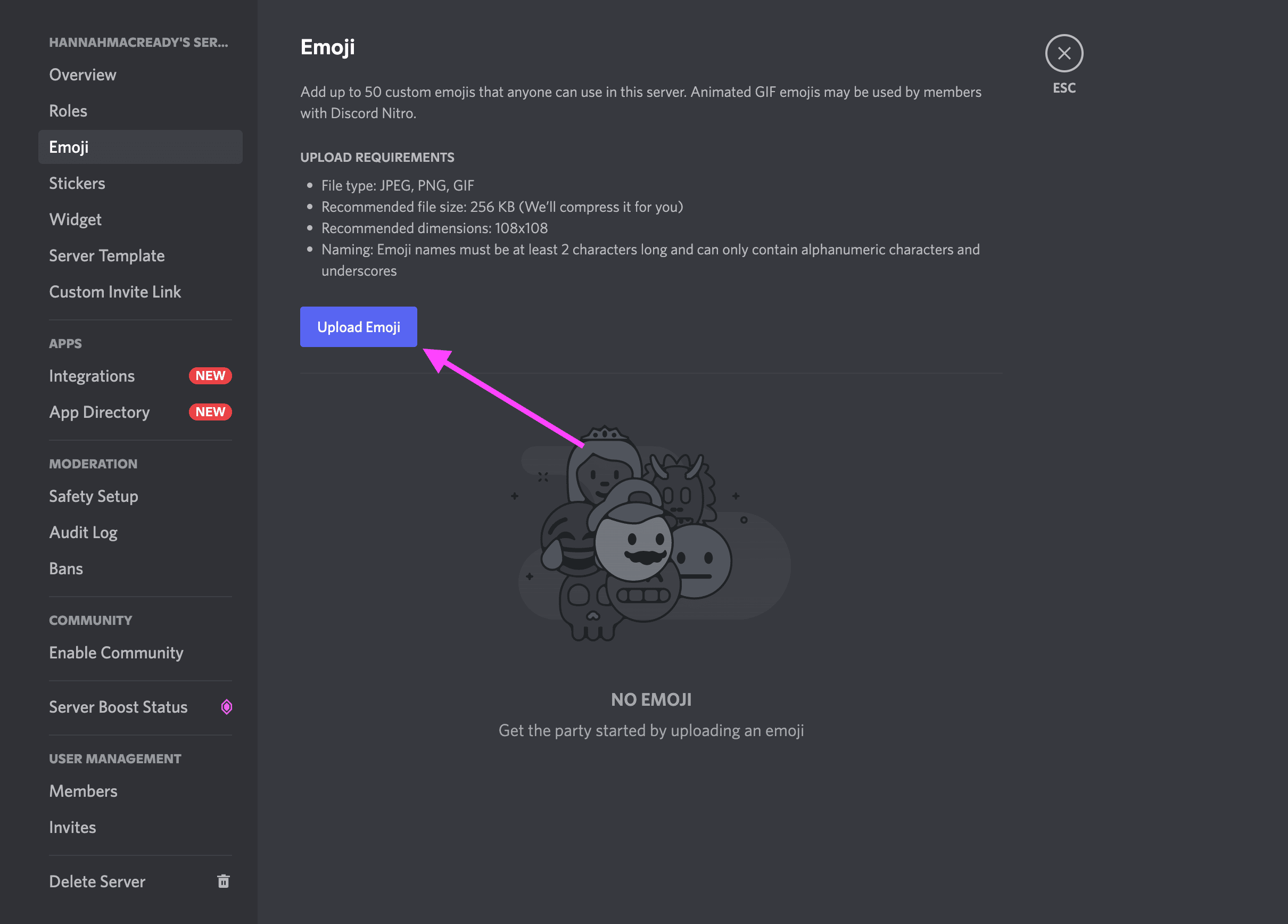 Upload emoji button shown in Discord settings