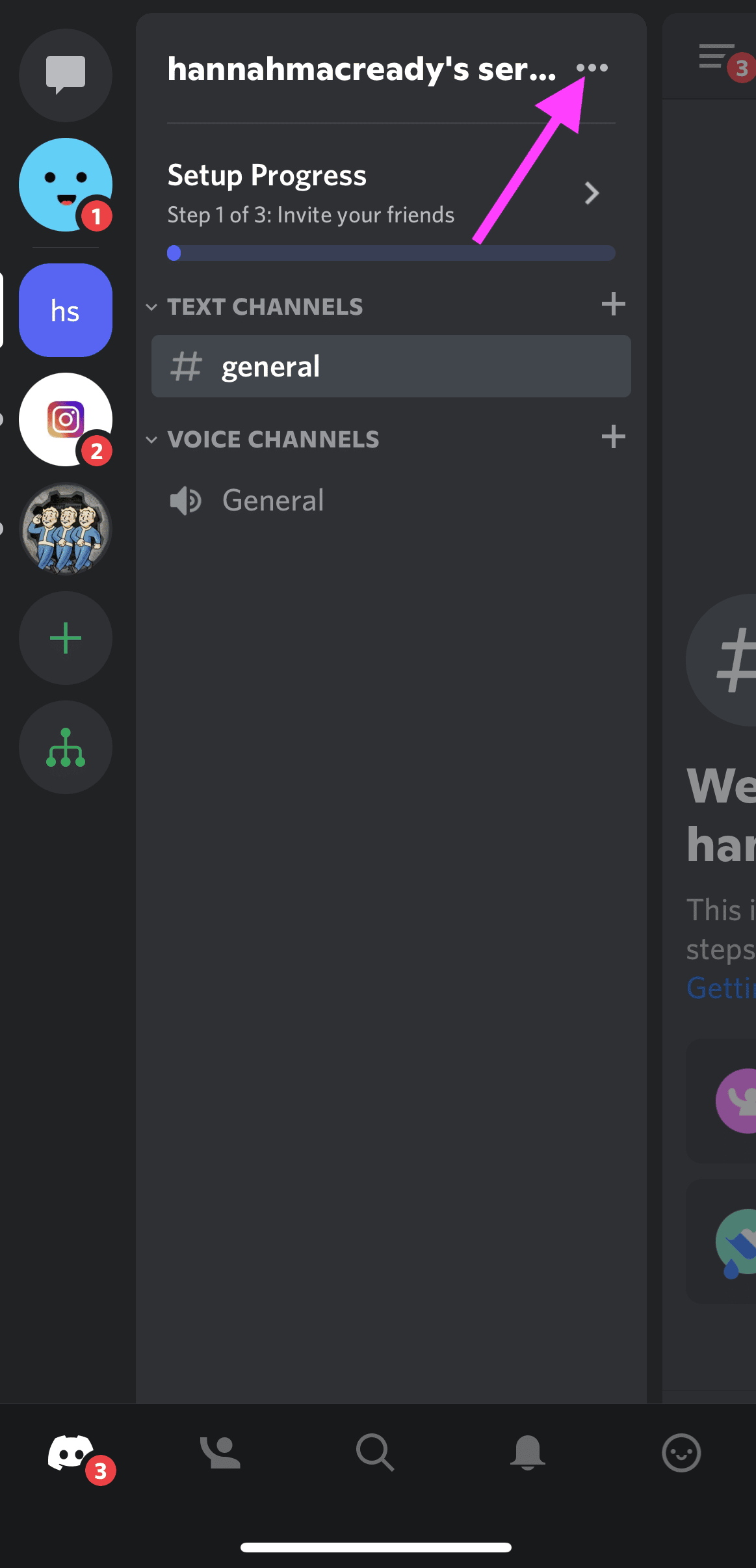 Three dots to the right of the mobile app to open Discord server settings