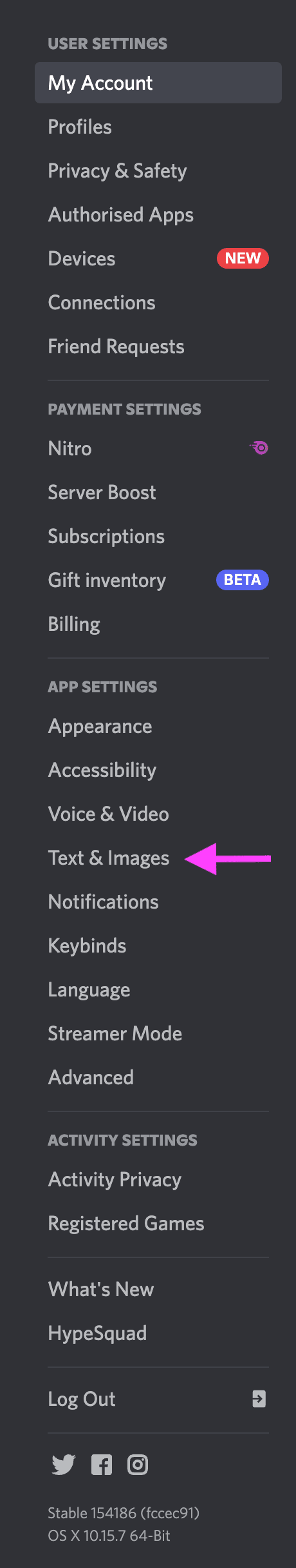 Text and Images button on the desktop with Discord server settings