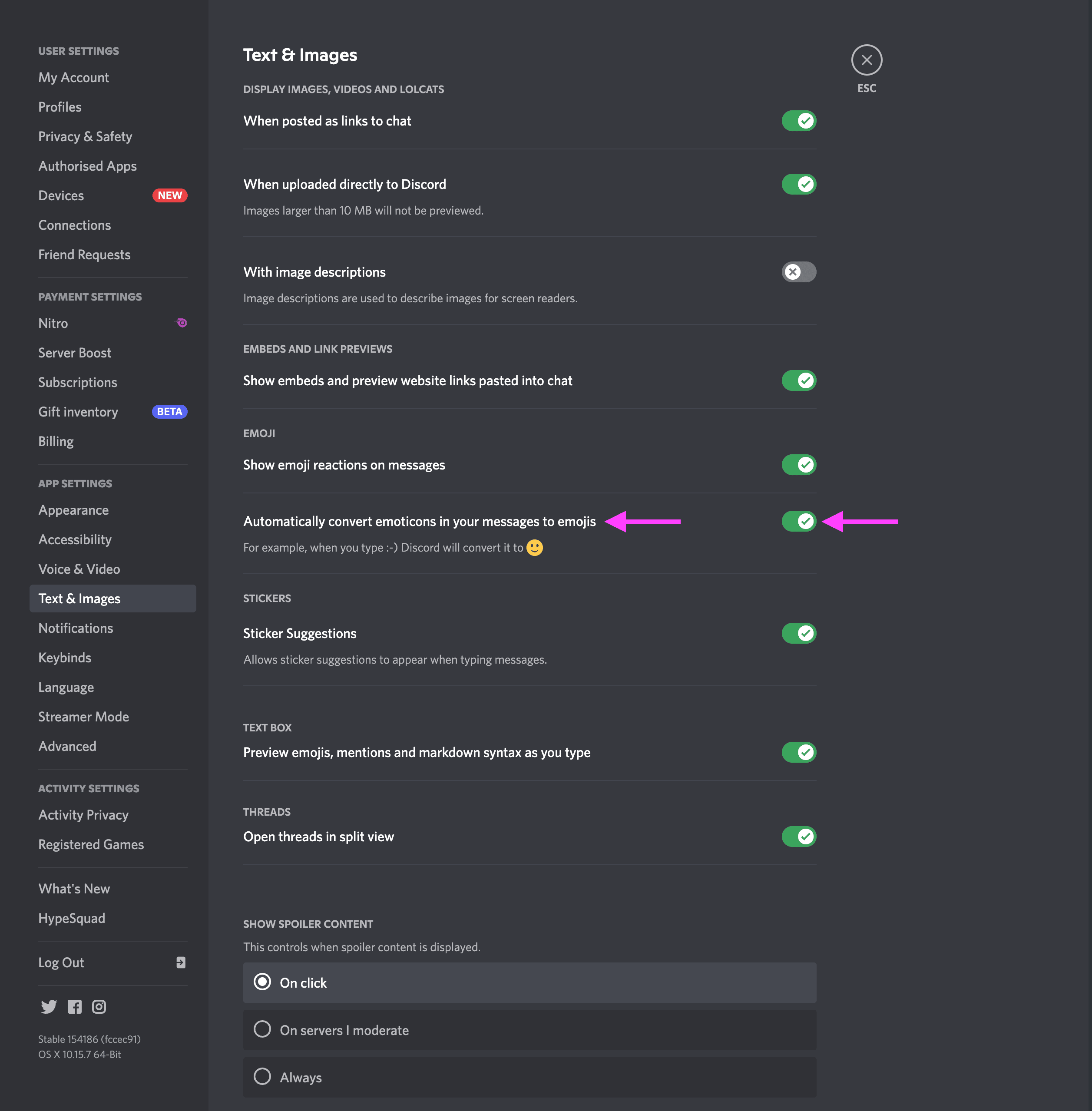 Automatically convert emoticons in your messages to emojis button in discord server settings