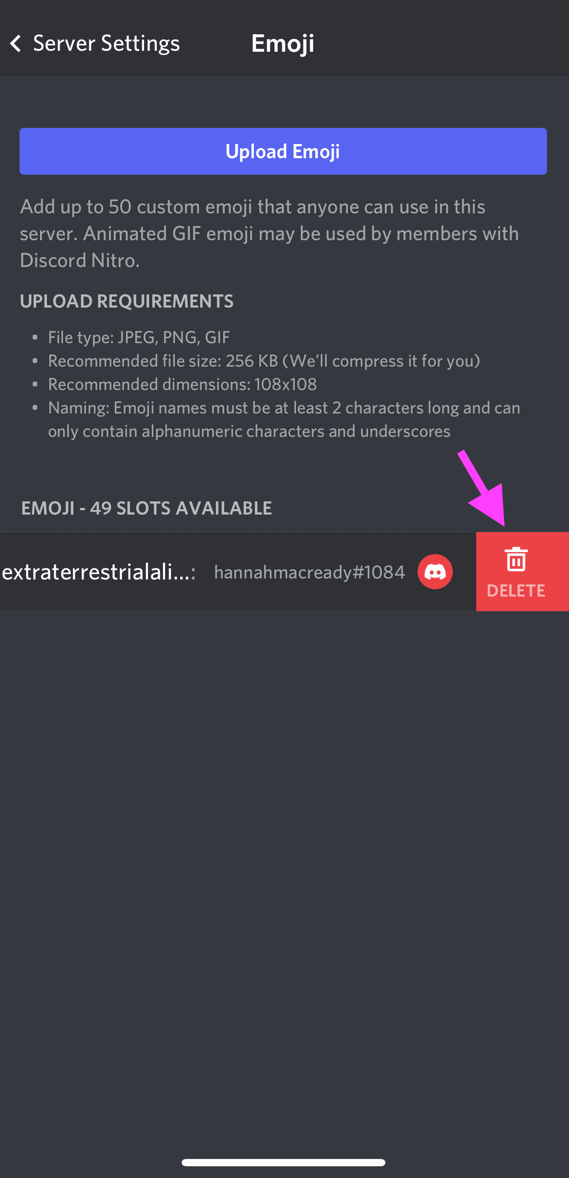 Remove custom Discord emojis by swiping left on the mobile app