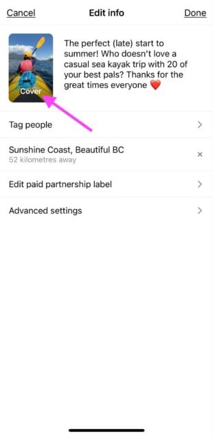 edit cover button on existing instagram reel