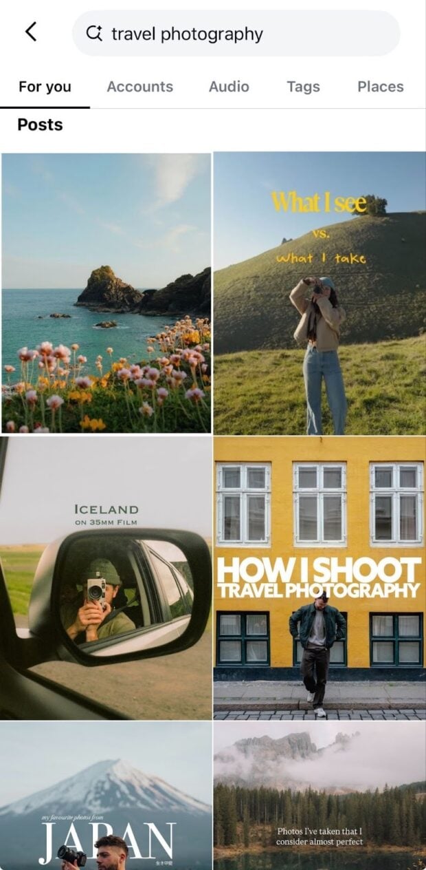 search results to the keyword "travel" on instagram