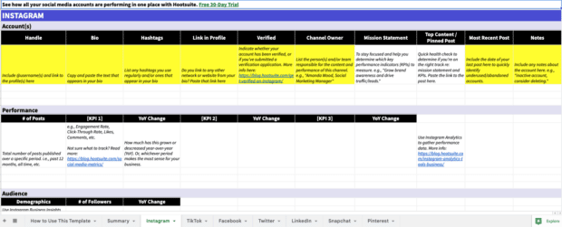 platform-specific tabs of a social media audit spreadsheet