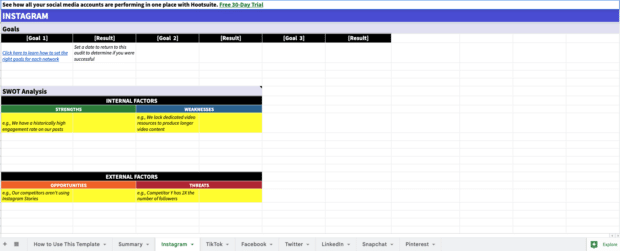 The optional SWOT analysis section of the social media audit template allows you to compare your accounts' performance against top competitors